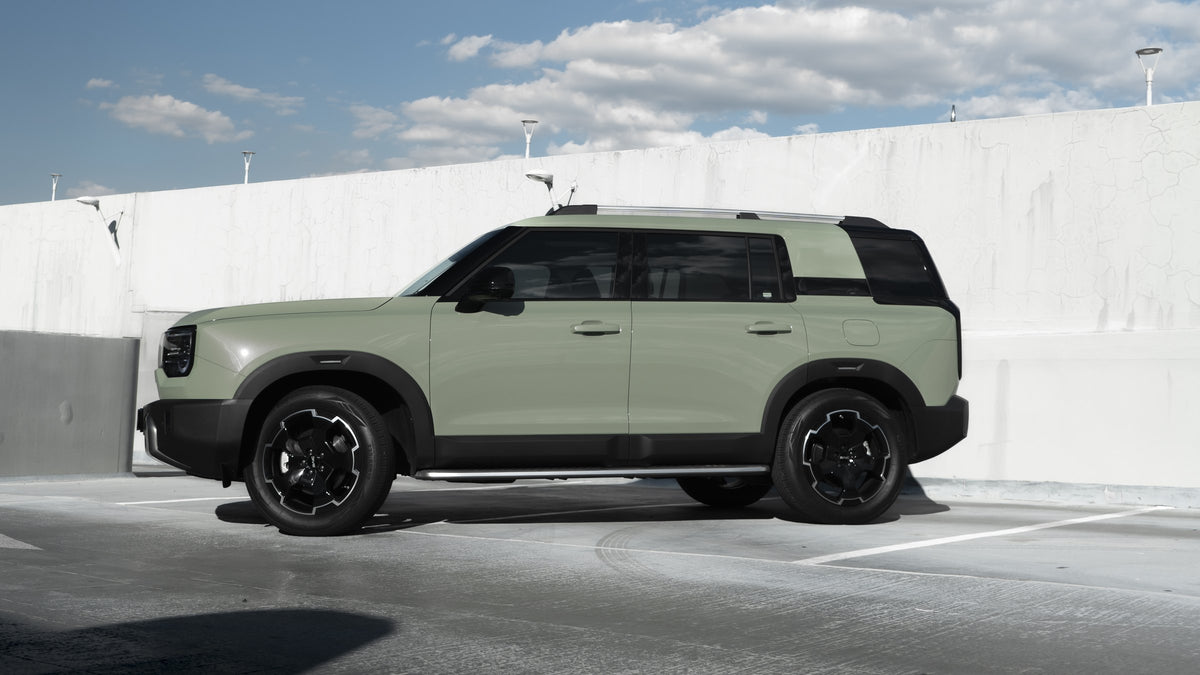 BAIC B30 in Sage Green, side profile, showing the roof rails, side steps and 19-inch alloy wheels